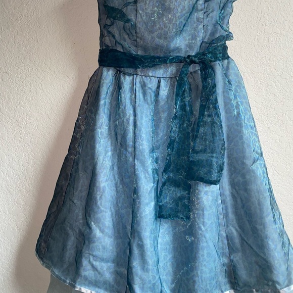 Vintage Fetish Punk Chiffon Leopard Print Tulle Hem Blue Strapless Goth Dress 10 - Picture 6 of 16